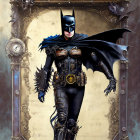 Female Batman illustration: blue cape, armored suit, steampunk style, gothic background