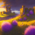 Fantasy landscape: castle on hill, sunset, purple flowers, vibrant sky