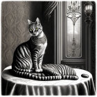 Monochrome striped cat on cushion by window with ornate street lamps