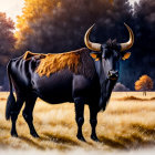 Majestic black bull with curved horns in golden autumn field