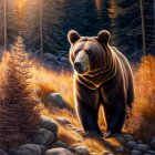 Majestic brown bear in sunlit forest with golden foliage