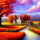 Scenic autumn landscape with winding path and white house