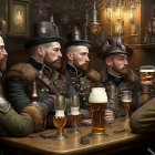 Five men in steampunk attire with top hats and goggles having a discussion in a bar