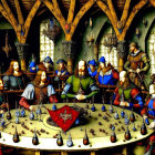 Medieval-themed illustration of knights and noblemen in grand hall around round table