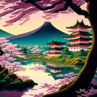 Japanese Cherry Blossom Scene with Pagodas and Mount Fuji