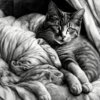 Monochrome illustration of a tabby cat in patterned blankets