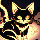 Monochrome cat illustration with glowing outlines on dark background.