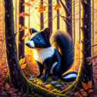 Stylized anthropomorphic skunk in autumn forest with golden light