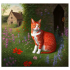 Orange Tabby Cat in Colorful Garden with Flowers and Cottage