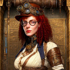 Steampunk-themed woman in Victorian dress with goggles and top hat against Egyptian hieroglyph backdrop