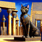 Digital artwork: Giant black cat with Egyptian jewelry beside person and ancient structures under blue sky