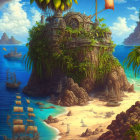 Tropical island with treehouse village, sailboats, and ship on clear blue ocean