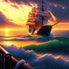 Tall Ship Sailing on Glowing Turbulent Seas at Sunset