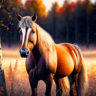 Majestic brown horse in serene autumn forest with golden light