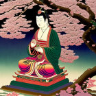 Traditional Japanese Figure Under Cherry Blossom Tree Illustration