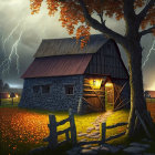 Stone barn in stormy sky with lightning, orange flowers, fence, and tree