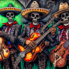 Colorful Skeleton Trio Playing Guitars on Green Background