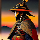 Traditional Samurai Armor Illustration with Mt. Fuji Sunset