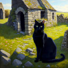 Black cat in lush green landscape with ancient ruins and blue sky