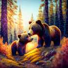 Two Bears in Vibrant Autumn Forest Touching Under Sunlight