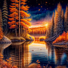 Scenic autumn landscape: lake, fiery trees, sunset mountains, flying birds