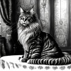 Striped long-haired cat on table in vintage room with rich decor