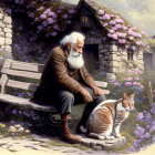 Elderly man with white beard petting cat near stone cottage.