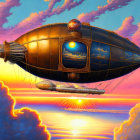 Steampunk airship in colorful sunset sky