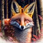 Detailed fox illustration with autumn leaves and tree trunks