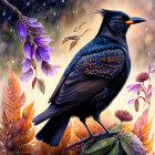 Starling perched on rainy branch with purple flowers and autumn leaves.