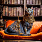 Majestic black cat with blue eyes on vintage gold lace collar resting on antique red sofa among classic