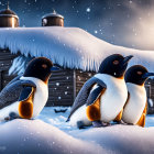 Three penguins in snowy landscape at dusk with cozy cottage.