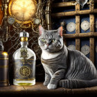 Grey Tabby Cat with Steampunk Gears and Clocks in Mystical Setting