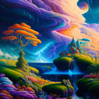 Colorful surreal landscape with swirling clouds, orange tree, waterfall house, and distant planet.