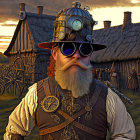 Steampunk-themed person with detailed helmet and goggles in rustic setting