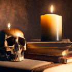 Human skull, candle, aged books on dark background - Moody Gothic scene