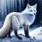 White Fox in Snowy Landscape with Dark Trees