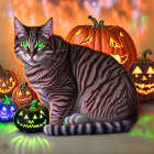 Striped Cat with Green Eyes Beside Jack-o'-lanterns in Autumn Setting