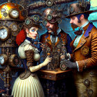 Steampunk-themed artwork featuring three characters amidst gears in a Victorian setting