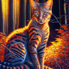 Striped cat in forest with sunlight filtering through trees