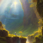 Mystical forest scene with lone figure on cliff amid lush greenery