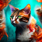 Vibrant digital art: Cat with fiery markings and green eyes