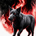 Black Dog with Glowing Red Eyes Amid Swirling Flames