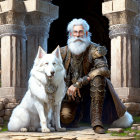 Elderly man in medieval armor with white wolf-like dog by stone pillars