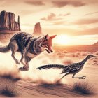 Wolf chasing roadrunner in desert sunset with rock formations