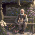 Elderly man with white beard holding cat on bench near stone cottage surrounded by blooming flowers