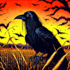 Stylized black raven in wheat field with fiery orange backdrop and flying bats.