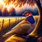 Colorful pheasant under autumn leaves in serene rustic sunset scene