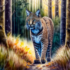 Majestic wild cat with striking fur patterns in vibrant forest at sunset