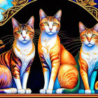 Three Colorful Stylized Cats Against Dark Background with Golden Accents